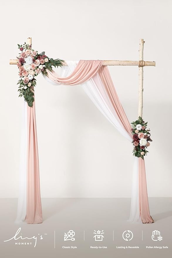 Ling's moment Pink Mauve Artificial Wedding Arch Flowers Kit Pack of 4, 2pcs Hanging Flower Arrangement 2pcs Chiffon Drapes Spring Ceremony Reception Fake Rose Arbor Backdrop Floral Outdoor Decor