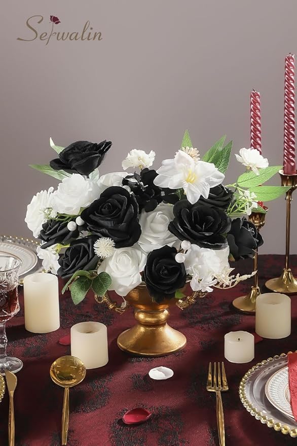 Serwalin Black Artificial Flowers and White Deluxe Combo Box Set, Daisy Fake Flower for DIY Wedding Bridal Bouquet, Centerpieces Decor, Floral Arrangement Decor, etc.