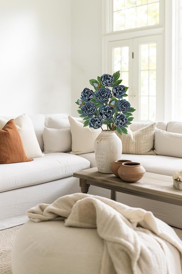 Briful 3 Pack Artificial Peony Flower 27.5" Tall Blue Silk Peonies Floral Stems Real Touch Faux Peony Flower for Wedding Bouquets Home Floral Arrangements Table Centerpieces DIY Décor