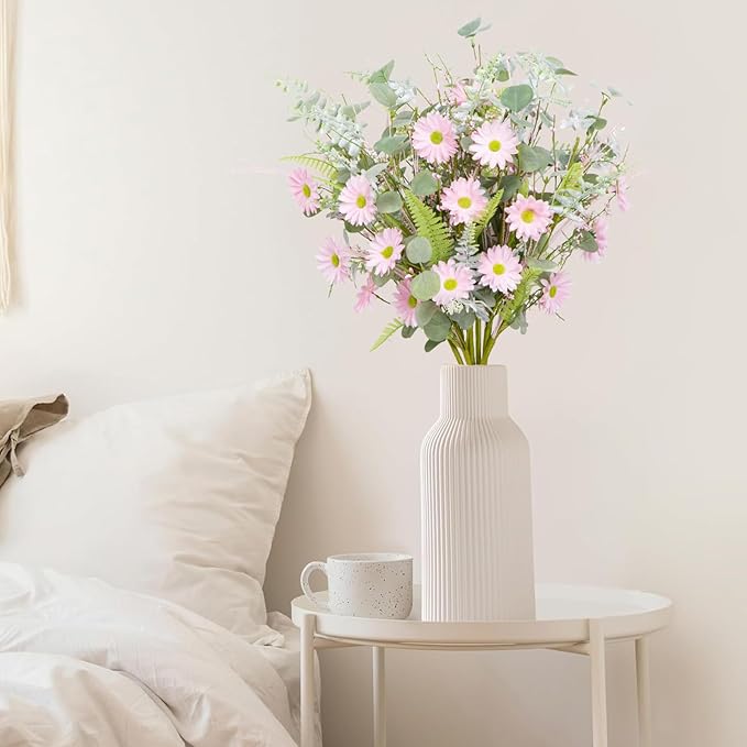 Artificial Pink Daisy Floral Stem with Eucalyptus and Greenery - 30 Inch 6 Bundles Faux Flower for Spring Summer Realistic Silk Flowers for Home Wedding Decor