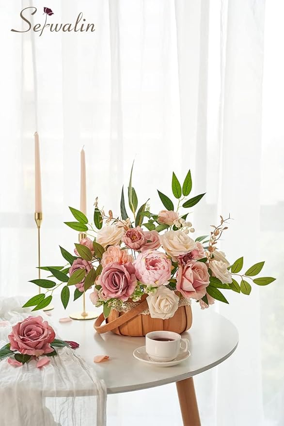 Serwalin 2 Pcs Artificial Flowers Pink Wedding Cake Flowers, Fake Dusty Roses Peonies for Bouquets Table Centerpieces Wedding Home Decor, Baby Shower Party Flowers with Stems DIY Combo