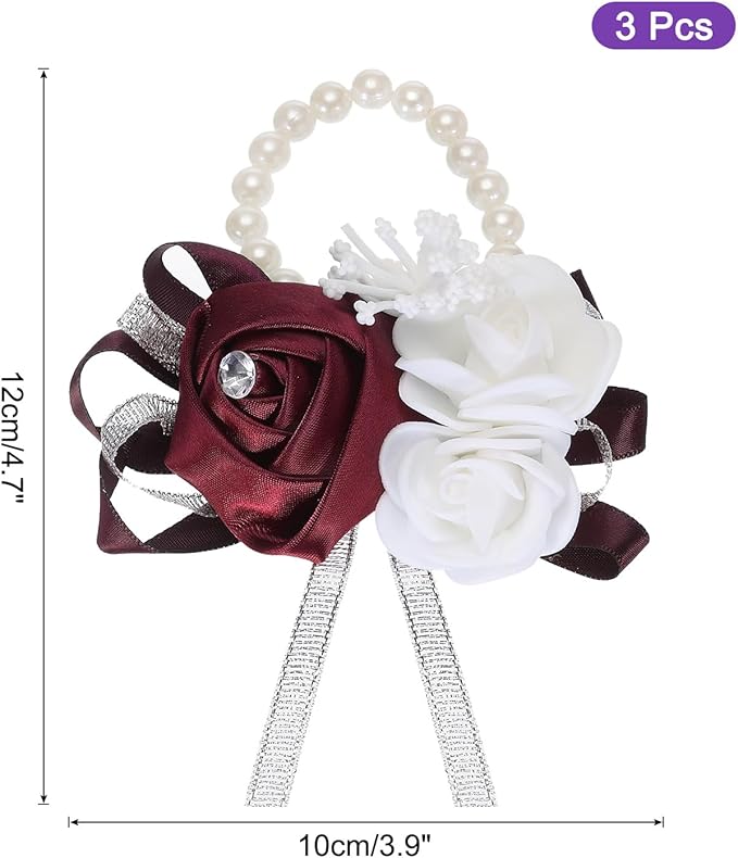 MECCANIXITY 3Pcs Wrist Corsage Artificial Flower Bracelets Rose Wrist Bride Groom Decorative for Wedding Ceremony Prom Party Anniversary Wine Red