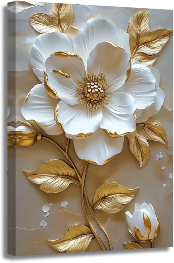 ZSHARTSWD Abstract White & Gold Floral Canvas Wall Art Elegant Flowers Pictures Prints White Flower Golden Leaves Painting Living Room Bathroom Decor Framed (Beige, 24L x 16W)