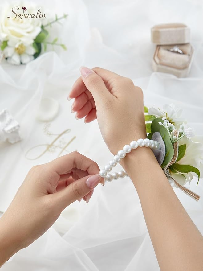 Serwalin Ivory Corsage and Boutonniere Set, Prom Flower Wrist Corsage Bracelets, Homecoming Roses Corsage Wristlet and Men Boutonniere for Wedding Flowers Accessories Prom Suit Decorations