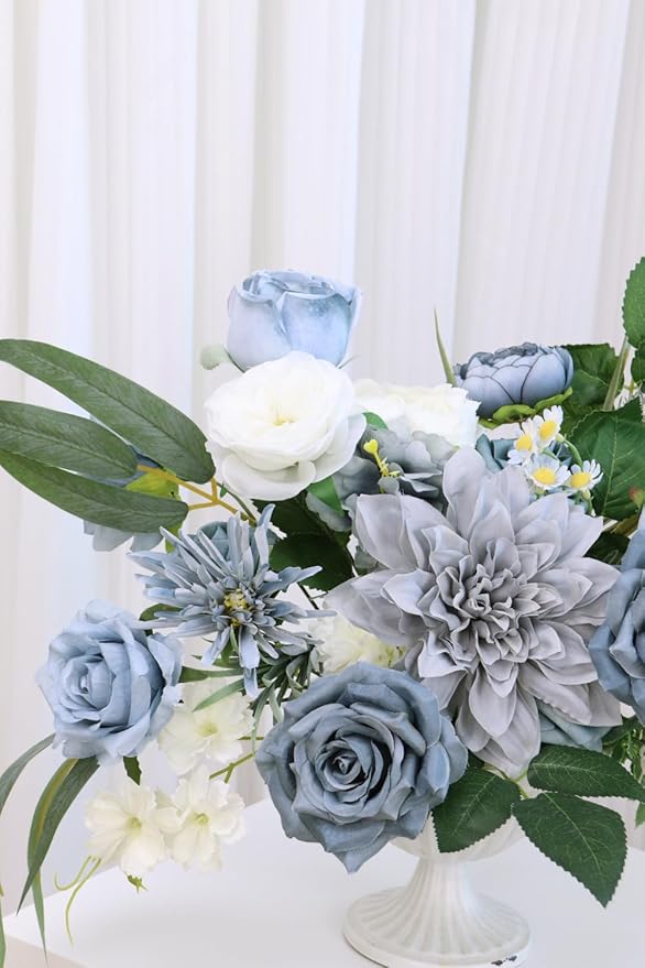 Artificial Flower Combination Box Set Artificial Flower Loose Leaves and Stems DIY Wedding Center Bouquet Bride Wedding Baby Shower(Grey White Blue)