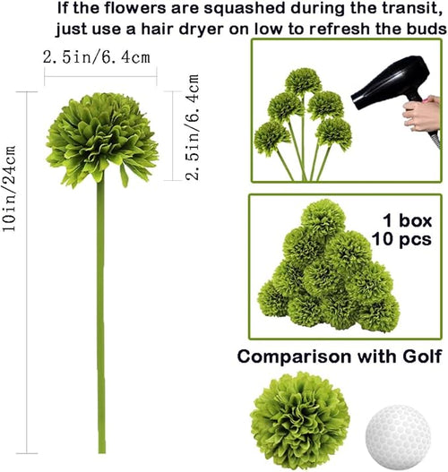 10Pcs Artificial Fake Flower Plants Silk Chrysanthemum Ball Hydrangea Arrangements Wedding Bouquets Decor Home Kitchen Garden Party Table Floral centerpieces DIY (Dark Green)