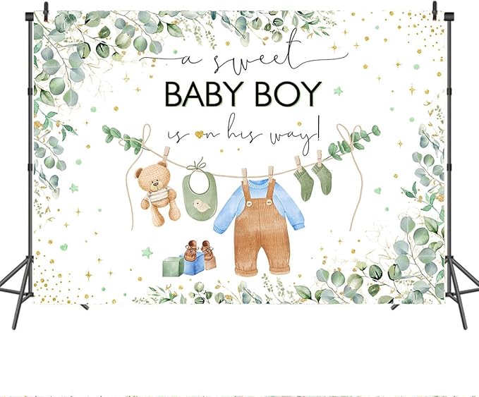 Mocsicka Baby Boy Backdrop for Baby Shower Oh Baby Green Leaves Boy Baby Shower Decorations Floral Watercolor Eucalyptus Golden Dots Cake Table Banner Decor Photo Booth Studio Props(Blue, 7x5ft)