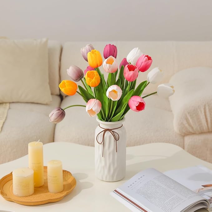 10PCS Artificial 18.5" Long Stem Pink Tulips Bouquet PU Flowers, Fake 6 Color Tulip Faux Flowers with Bendable Stems for Floral Table Wedding Home Decor