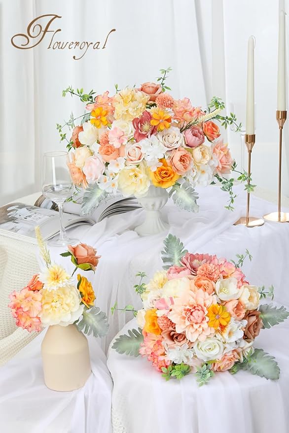 Floweroyal Artificial Flowers Combo Champagne Flowers Mix Silk Flowers Dahlia Roses with Stems for DIY Wedding Bridal Bouquets, Baby Shower, Floral Arrangement, Table Centerpieces, Home Decorations.