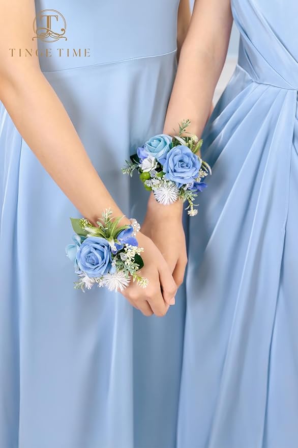 TINGE TIME Set of 2 Wrist Corsage Bracelets Pearl Wristlet Band Bridesmaid Bracelet for Wedding Ceremony Bridal Shower Wedding Artificial Flower Prom (Provence Blue)