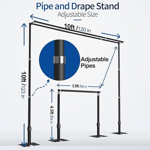 10x10ft Pipe and Drape Backdrop Stand, Double Crossbar, Heavy Duty Adjustable Background Frame with Metal Base for Parties Photography Wedding Photoshoot Decoration - Black