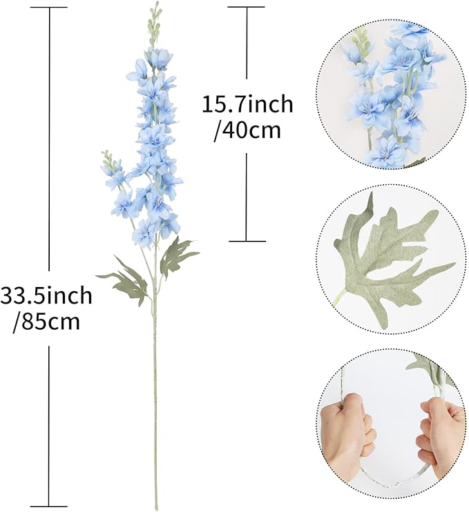 8PCS Blue Delphinium Artificial Flowers Larkspur Fake Flowers 33.5in Long Stem Faux Silk Flowers Bulk for Tall Vase for Home Wedding Floral Arrangement Centerpiece Table Decorations (Baby Blue)