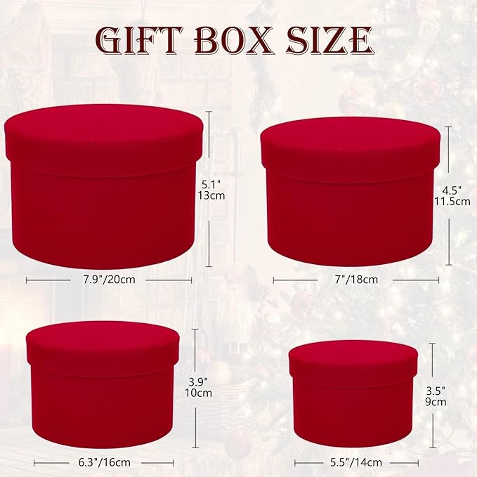 GnFlus Red Gift Boxes with Lids for Presents Set of 4 Round Velvet Nesting Christmas Gifts Box for Arrangements Flowers Wedding Birthday Valentines Bridesmaid Party Anniversary
