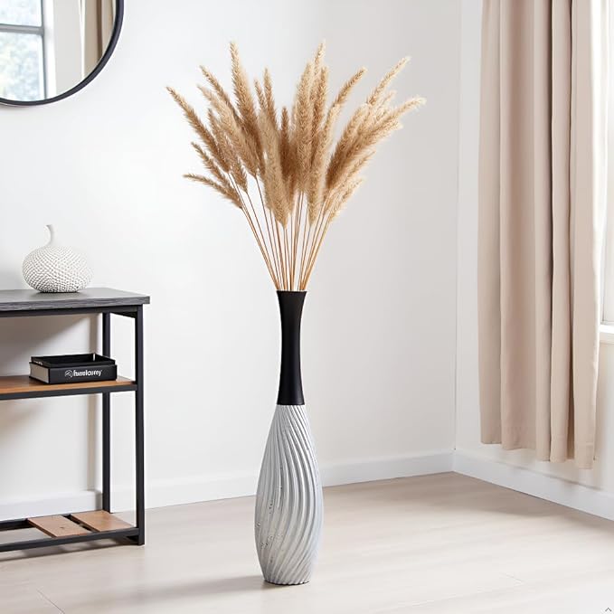 23.6" Silver Tall Vases - Black Neck Teardrop Tall Floor Vase with Textured Vertical Lines & Speckled Finish, Modern Decorative Floor Vase for Living Room, Office, Wedding Decor - Resin
