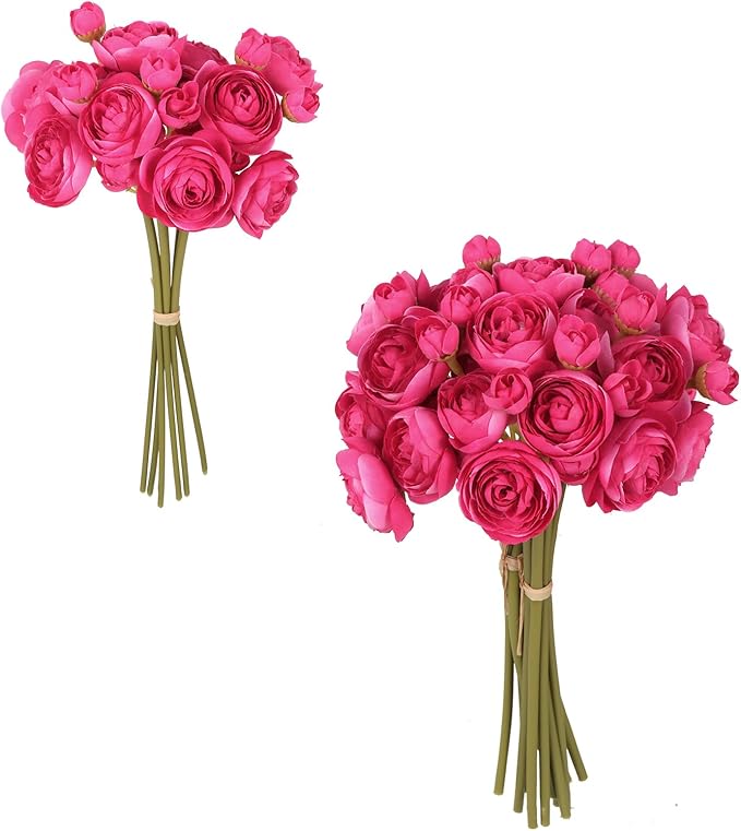 IPOPU Hot Pink Flowers Artificial Ranunculus 2Bouquets Silk Flowers with Stems 12PCS Mini Fake Flowers for DIY Wedding Bouquet Bridal Shower Decorations Floral Filler Flowers Centerpieces (Hot Pink)