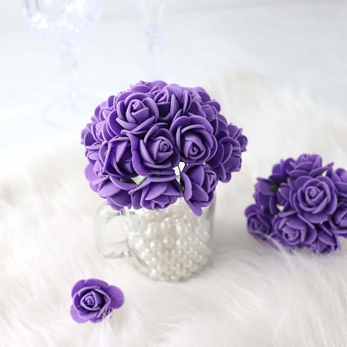 Efavormart 48 Roses | 4" Tall Purple Real Touch Artificial DIY Foam Rose Flowers with Stem, Craft Rose Buds