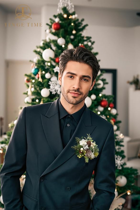 TINGE TIME Single Pocket Boutonniere for Man Groom, Best Man Boutonniere for Wedding, Prom, Homecoming, Anniversary, Graduation, Christmas Dinner (Christmas White)