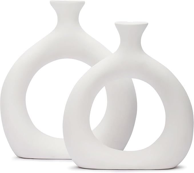 Ajuny Donut Vase Set of 2 – White Ceramic Modern Vases for Flowers, Pampas Grass, Centerpieces | Boho Table Decor for Living Room, Wedding, Kitchen, TV Stand, Office, Shelf, Mantle