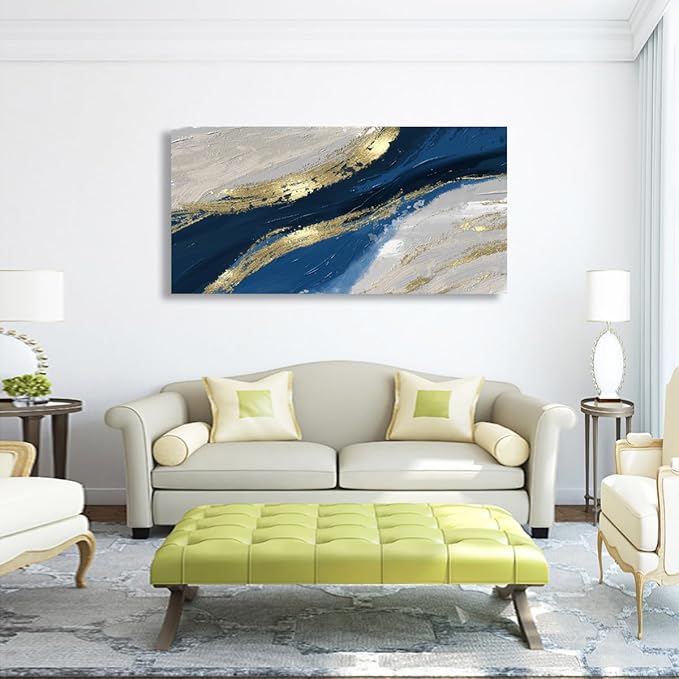 Abstract Canvas Wall Art for Living room Office Bedroom Golden Blue Wall Art Print Oil Paintings Modern Abstract River Texture Pictures Wall Decor Artwork Waterproof Ready to Hang - 20in * 40inch