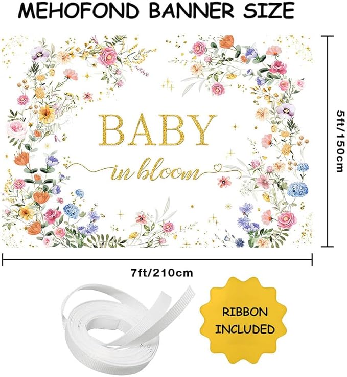 MEHOFOND 7x5ft Wildflower Baby in Bloom Baby Shower Backdrop Decorations, Wildflower Baby Shower Background, Spring Floral Banner Gold Glitter Photography Background Photo Props