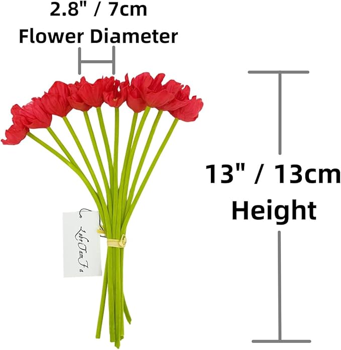 10 PCS High Quaulity Fresh Artificial Mini Real Touch PU/ latex Corn Poppies Decorative Silk fake artificial poppy flowers for Wedding holiday Bridal Bouquet Home Party Decor bridesmaid (Red)