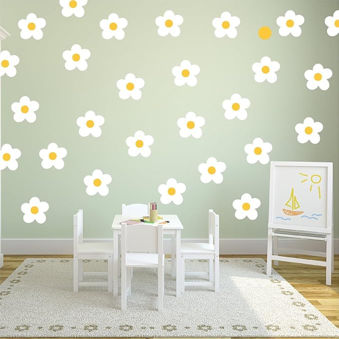 Daisy Flowers Wall Stickers – 180 Pcs Peel & Stick Removable Waterproof Vinyl Floral Wall Art Decals for Bedroom, Nursery & Living Room | A Simple Peel Creates a Breezy Spring Retreat (White)