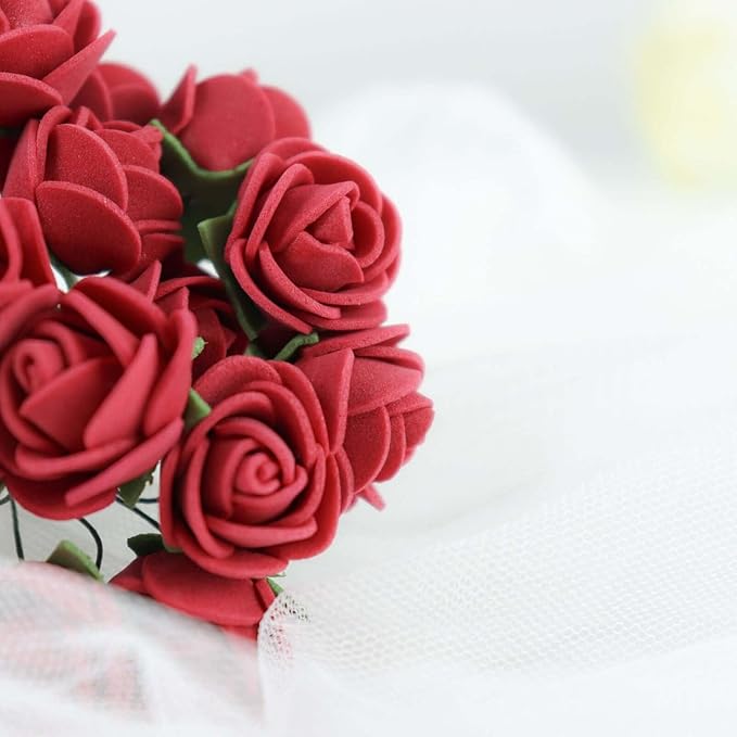 Efavormart 48 Roses | 4" Tall Burgundy Real Touch Artificial DIY Foam Rose Flowers with Stem, Craft Rose Buds
