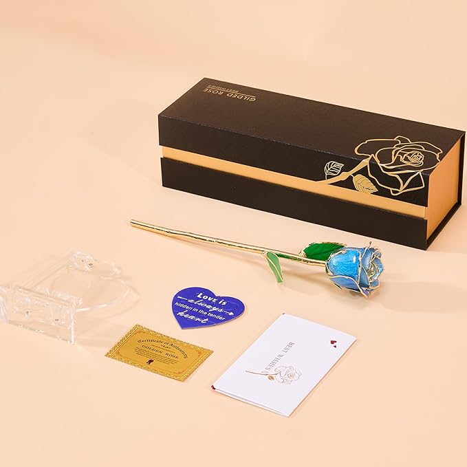 Mikasol Real 24K Gold Dipped Realistic Rose – Timeless Lifelike Bloom with Heart Puzzle Base – Romantic Gradient Blue Flower Gift for Her, Wife, Girlfriend, Mom – Birthday, Anniversary, Mother’s Day