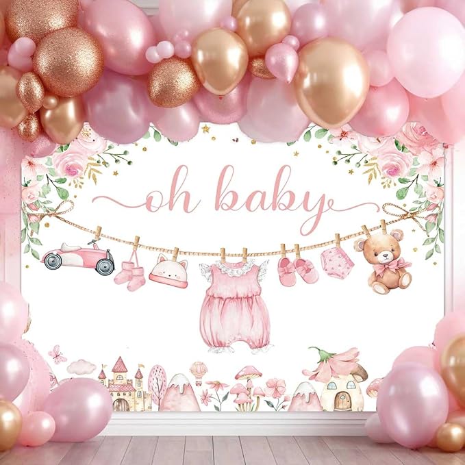 Sensfun Cute Clothes Baby Shower Backdrop for Girls Oh Baby Girl Newborn Pink Floral Eucalyptus Leaves Adventure Baby Shower Party Decorations Banner Supplies Photo Booth Studio Props 8x6ft