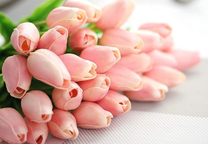 30pcs Artificial Tulips Flowers Real Touch Pink Tulips Fake Holland PU Tulip Bouquet Latex Flowers for Wedding Party Office Home Kitchen Decoration (Pink)