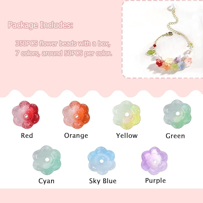 LadayPoa 350pcs Glass Bellflower Beads for Jewelry Making Trumpet Flower Beads Gradient Clear Cute Bead for Bracelets Making Aesthetic Bead Charms for DIY Necklace Decoration-Rainbow Series