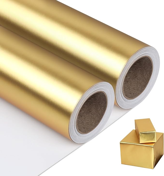 NESCCI Matte Metal Gold Wrapping Paper, Solid Color Paper-2 Roll,17.5 Inches X 32.8 Feet Per Roll,Gift Wrapping Paper,Perfect for Wedding,Valentine's Day,Birthday,Baby Shower,DIY Bouquet