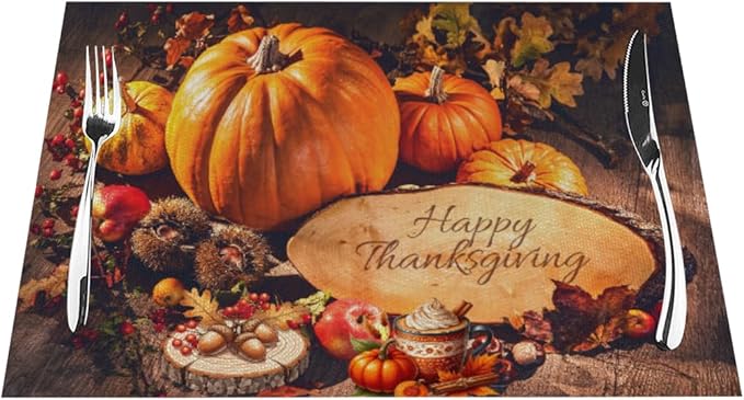 PVC Placemats Set of 1 Wipeable Table Mats Washable Heat Resistant Non Slip Vinyl Dining Table Mat for Kitchen Indoor Outdoor Patio Farmhouse Place Mats Thanksgiving Pumpkin Decorate Decorative