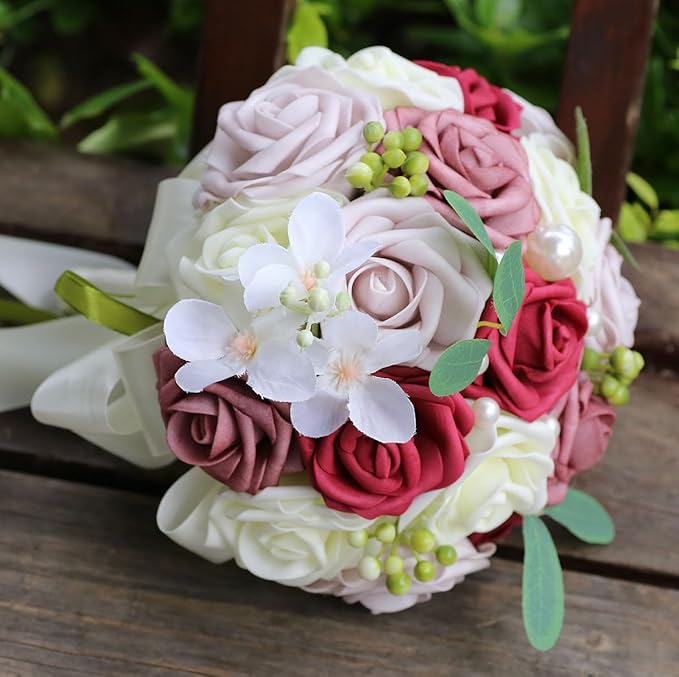 Lightweight Bridal Wedding Bouquet Round Holding Bouquet Throw Toss Artificial Rose Flower Bunch for Bride Bridesmaid Wedding Quinceanera (Cream, Smoky Rose, Light Taro & Burgundy, 9.1")