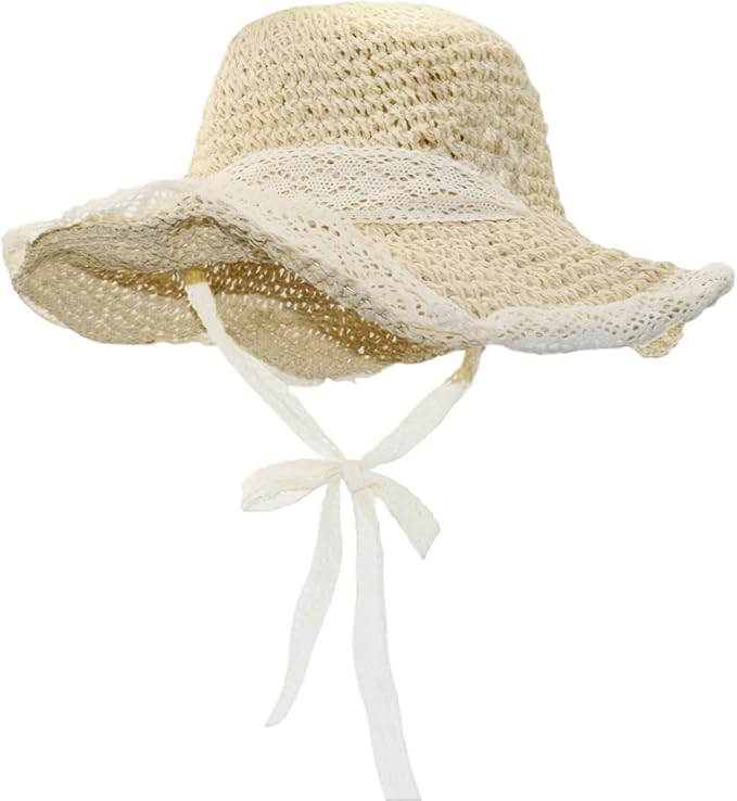 Ladies Wide Brim Beach Straw Hat Summer Vacation Sun Protection Hat Braided Lace Edge Hat Soft Foldable Lightweight