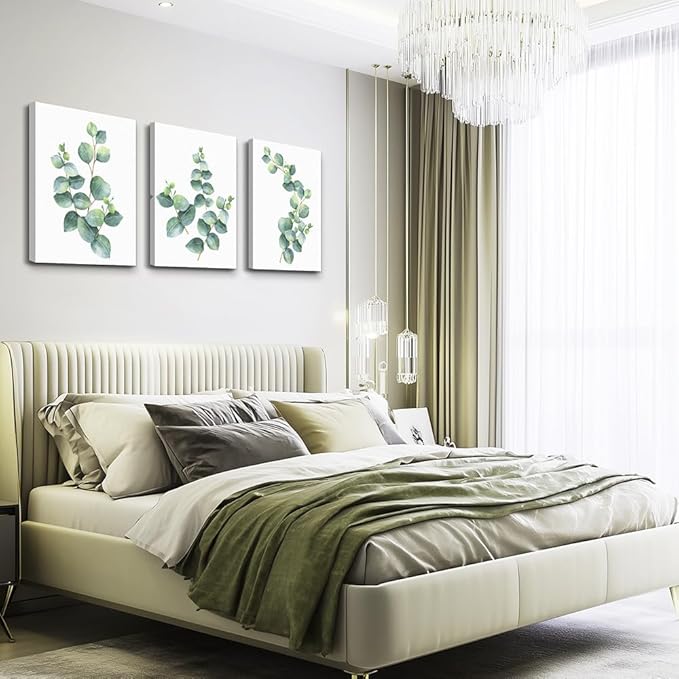 3 Piece framed Canvas Wall Art for living room bathroom Wall Decor Canvas Prints bedroom Decorations Office kitchen wall Artwork painting Green leaves Picture Watercolor painting Poster Home Decor