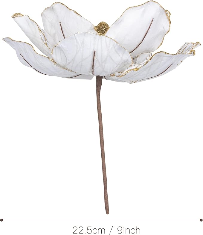 KI Store Christmas Poinsettia Artificial Velvet Magnolia Flower White and Gold Floral Picks Stems for Christmas Tree Decoration Pack of 6 for Xmas Tree Wedding Centerpiece