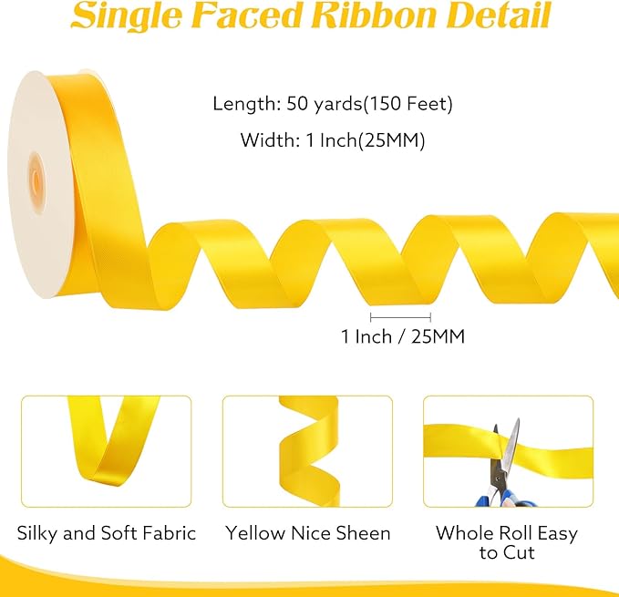 Yellow Ribbon 1 Inch 50 Yards Yellow Satin Ribbon for Fall Decor Harvest Party Gift Wrapping Baskets Bows Bouquet Crafts Christmas Decorations
