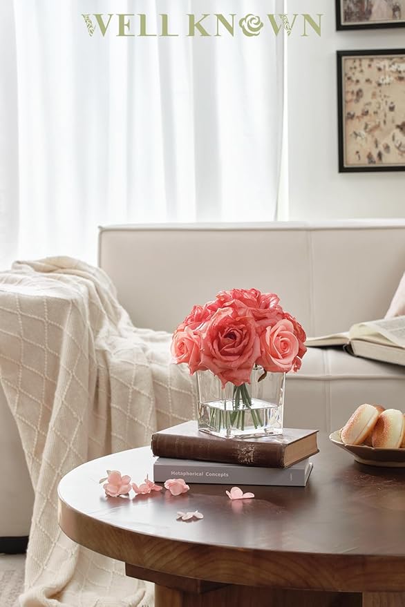 WELL KNOWN Rose Artificial Flowers in Vase with Faux Water, Silk Rose Table Centerpieces for Home Coffee Table Decor, Bean Pasty Pink Fake Rose Flower Arrangement for Wedding Office Hotel & Mom's Gift