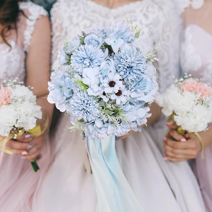 Nubry 3pcs Artificial Flowers Bouquet Fake Peony Silk Hydrangea Wildflowers Arrangements with Stems for Wedding Home Centerpieces Decor (Light Blue)