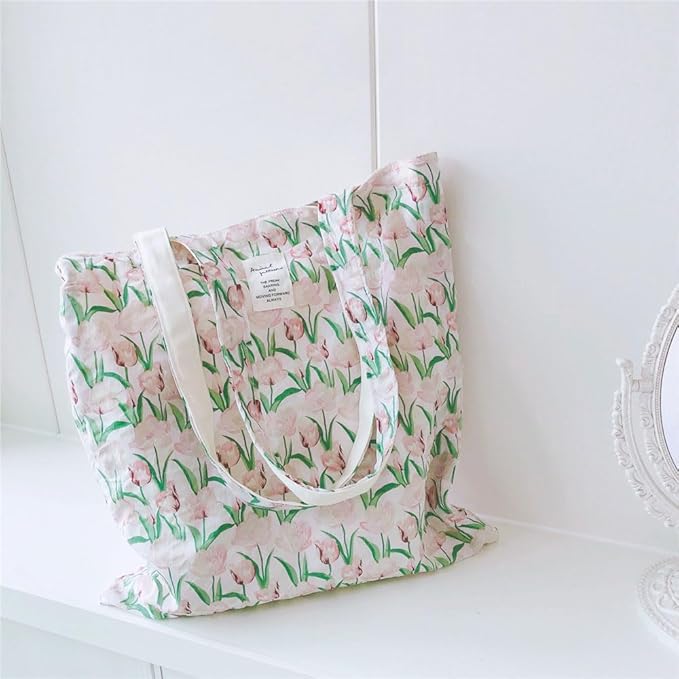 Cotton Canvas Tote Bag Reusable Soft Grocery Cloth Bag Floral Shoulder Bag for Beach Travel Shopping