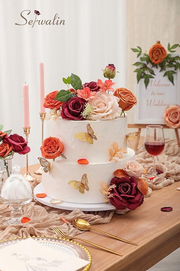 Serwalin Artificial Fall Flowers, Fake Silk Flowers Cake Flowers Roses Orange Flowers for DIY Wedding Decoration Arrangements Party Decorations Baby Shower Fall Home Decor