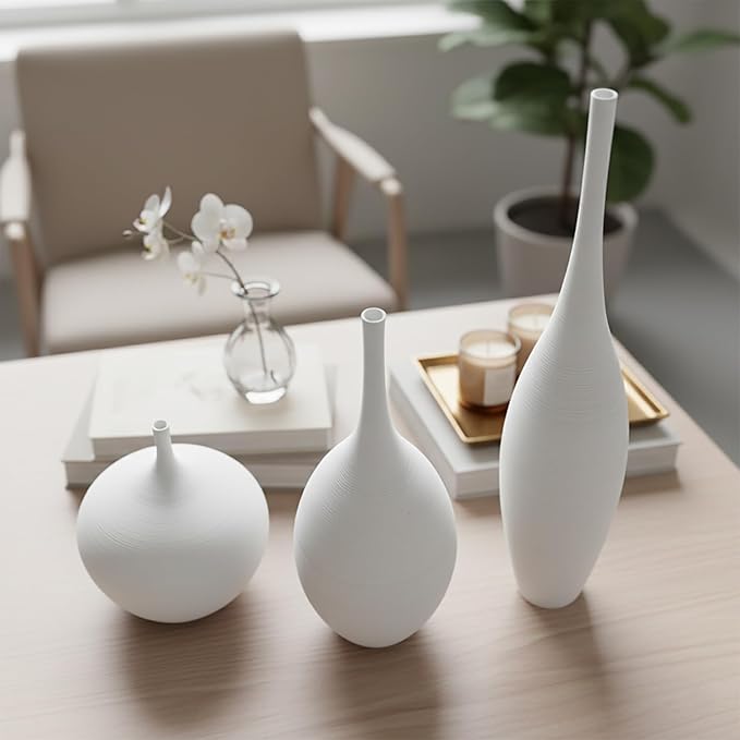 White Ceramic Vase Set of 3, Modern Boho Vases for Centerpiece Decor, Matte Minimalist Decorative White Vases Home Decor, for Living Room, Bookshelf, and Entryway Table Decor