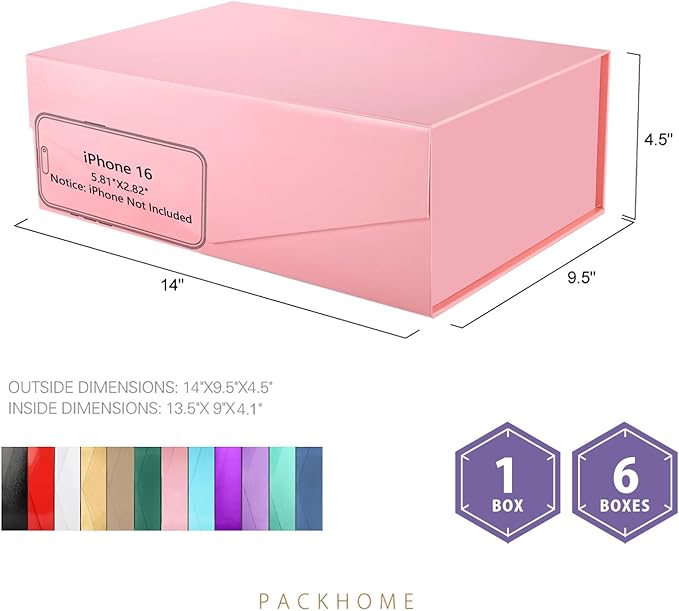 PACKHOME 6 Large Gift Boxes with Lids 13.5x9x4.1 Inches, Sturdy Collapsible Gift Boxes with Magnetic Closure (Glossy Pink)