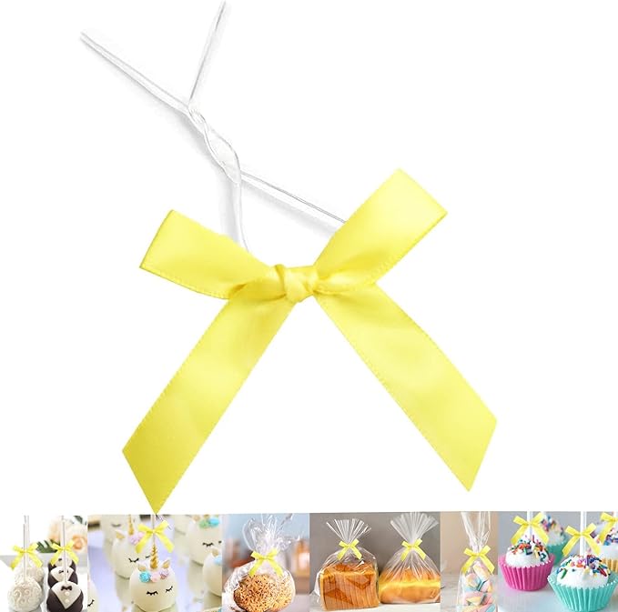 50 Pack 3" Satin Twist Tie Bows, Twist Bows for Treats, Ribbon Bows with Twist Ties Gift Wrap Bows, Pretied Bows Ties for Cake Pops, Baby Shower, Sweets Packaging, Party Favors, Gifts (Yellow)