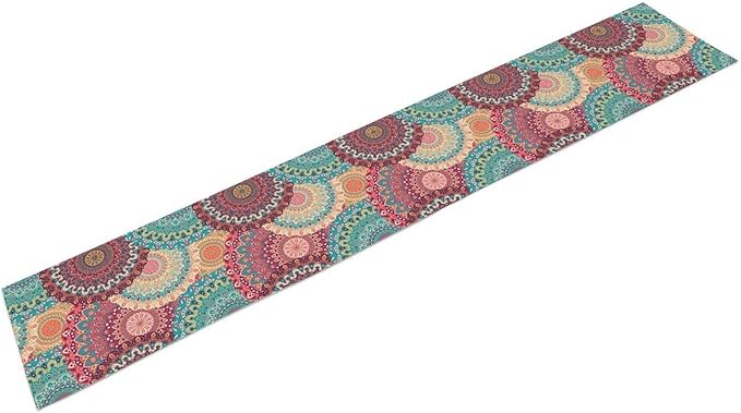 Bohemian Table Runner, Colorful Traditional Blue Pink Mandala Flower Table Runner for Kitchen Dining Cafe Party Decor, 13x36 Inch
