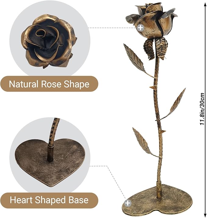 Bronze Rose Copper Flower Sculpture – 8th for Her/Him Hand-Forged Metal Eternal Rose Unique Wedding Keepsake Romantic Home Decor Gift for Wife Husband