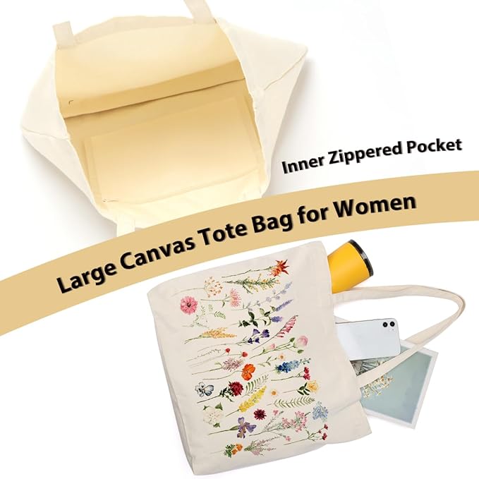 Aesthetic Floral Canvas Tote Bag for Women with Pocket, Tote Bags for Grocery Shopping Work Gym Christmas Birthday