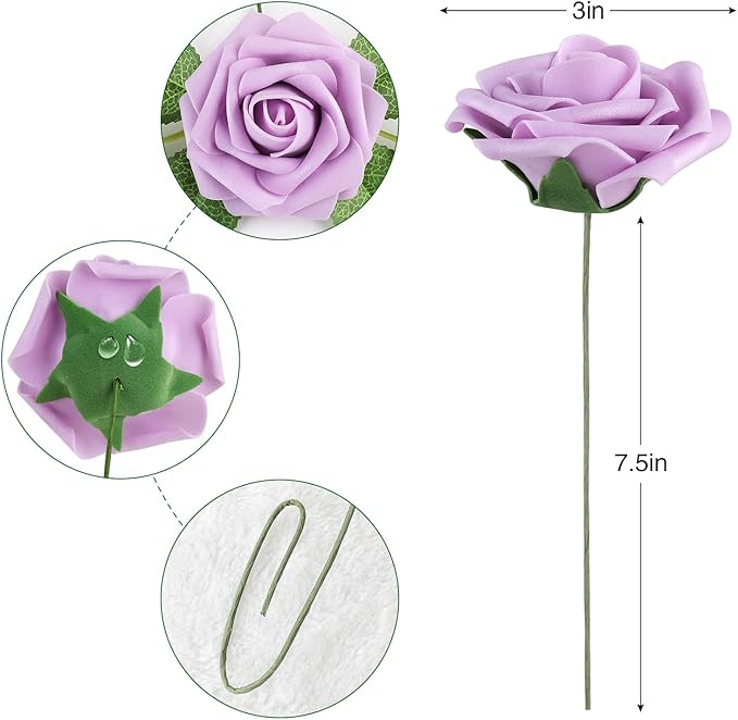 AmyHomie 25pcs Real Looking Artificial Lavender Roses w/Stem for DIY Wedding Bouquets Centerpieces Arrangements Party Baby Shower Valentines Day Christmas Tree Decorations