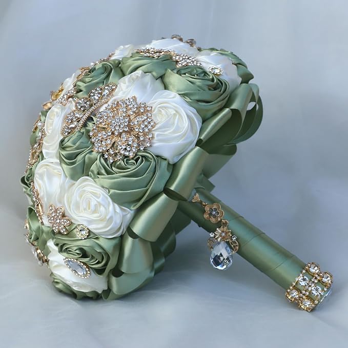 Handmade Satin Rose Floral Bling Pearl Decor Bridal Wedding Bouquet Rhinestone Pendant Artificial Brooch Flowers for Bride Bridesmaid Quinceanera